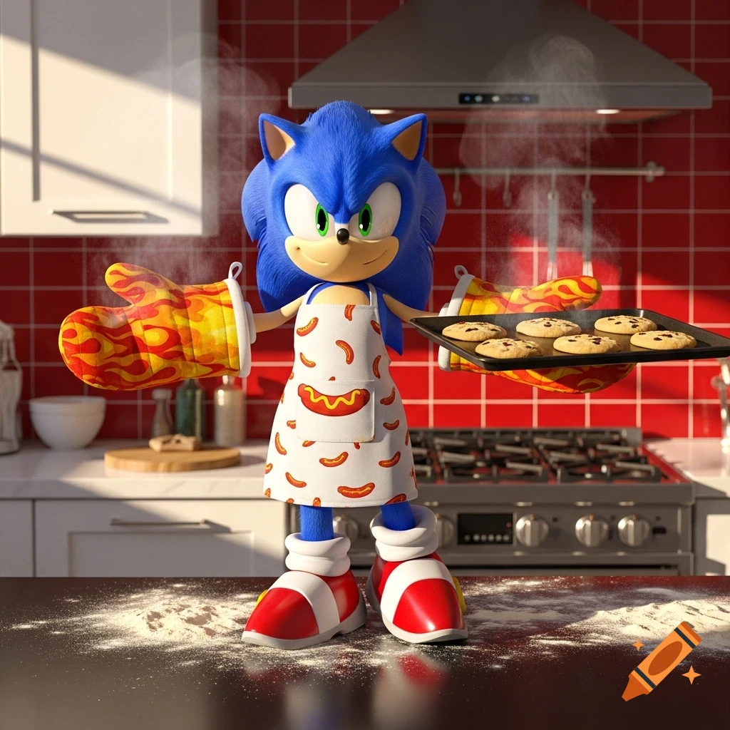Sonic the Hedgehog in a kitchen, wearing oven mitts and apron, proudly holding a tray of freshly baked chocolate chip cookies.