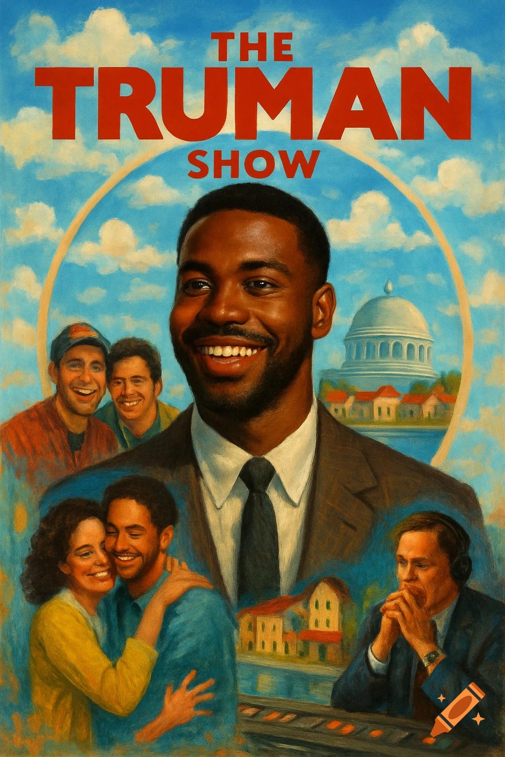 A painterly movie poster for 'The Truman Show' featuring a smiling black man in a suit surrounded by smaller scenes and characters.