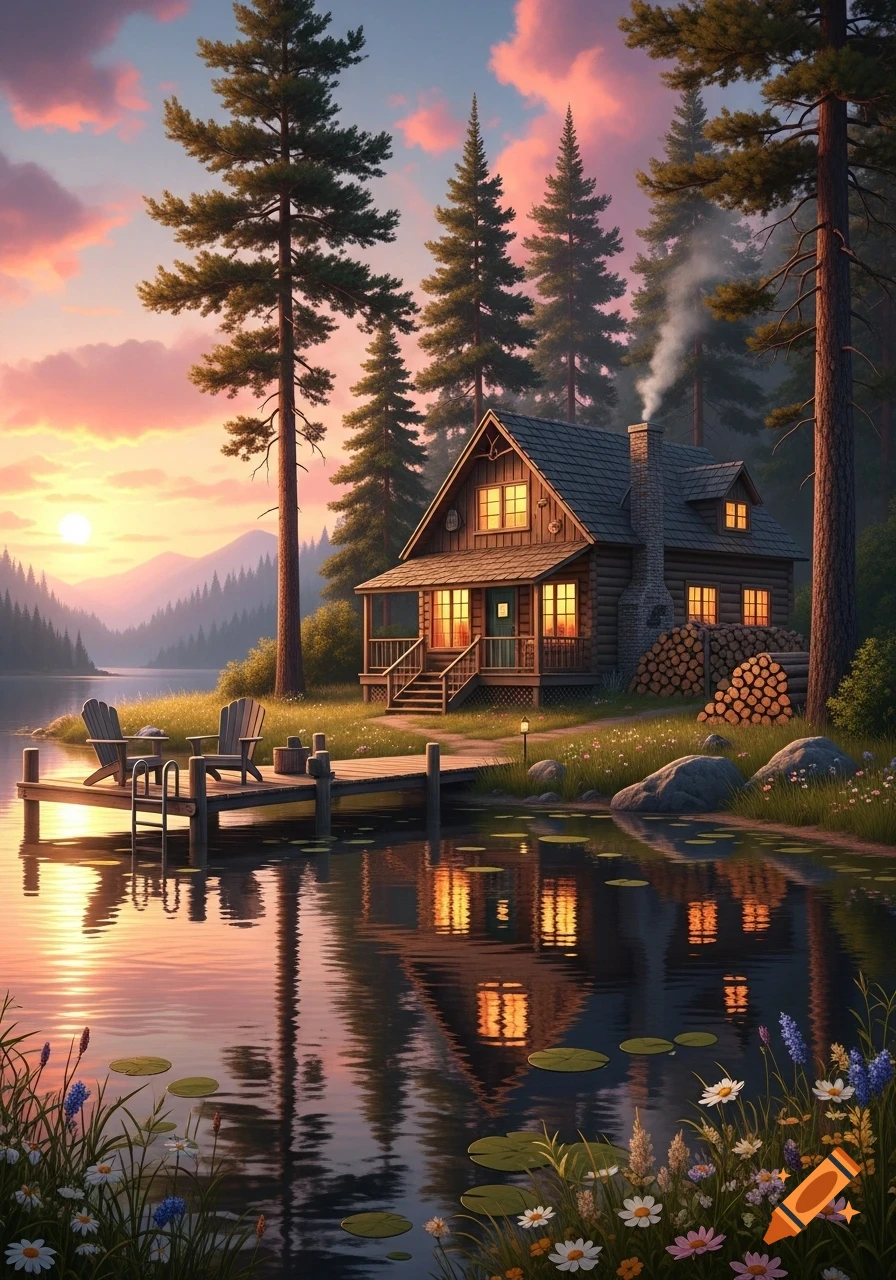 A cozy log cabin with glowing windows by a still lake at sunset, surrounded by tall pine trees and wildflowers, reflecting the vibrant sky.
