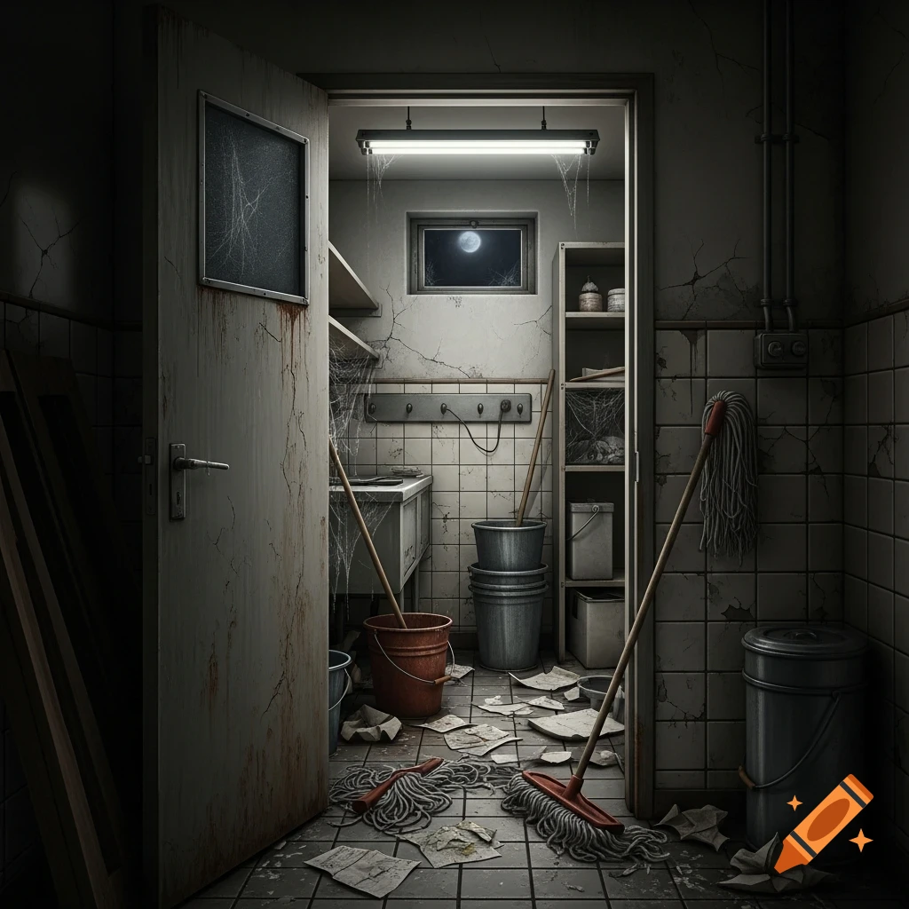 Dark, abandoned janitor's closet with mops, buckets, cobwebs, and scattered papers on a cracked tile floor, moon visible through window.