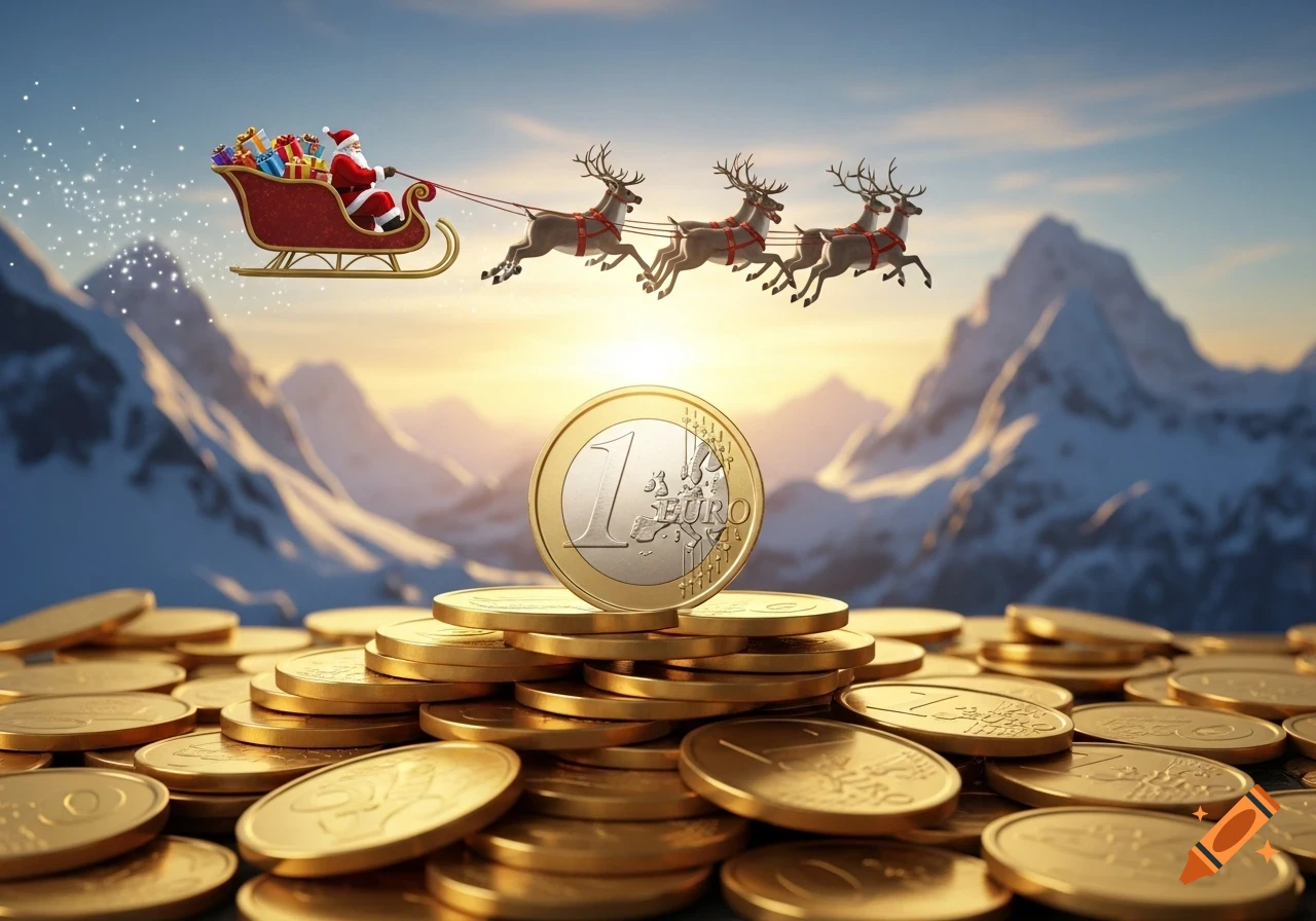 Photorealistic image of Santa Claus flying in his sleigh over a mountain of gold euro coins, with snowy mountains and a sunset.