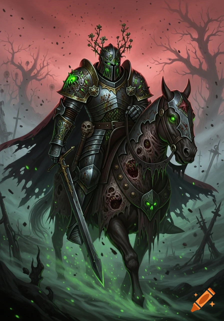 A dark fantasy illustration of a knight in decaying armor with glowing green eyes, riding a skeletal horse through a desolate, misty graveyard.
