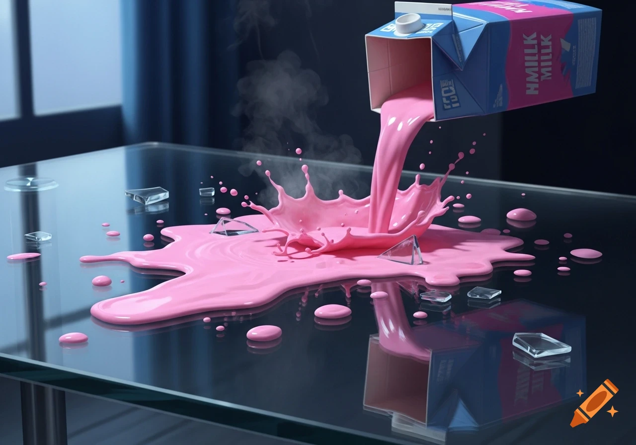 Pink strawberry milk spilling dramatically from a carton onto a reflective glass table with ice shards and steam in a dark room.