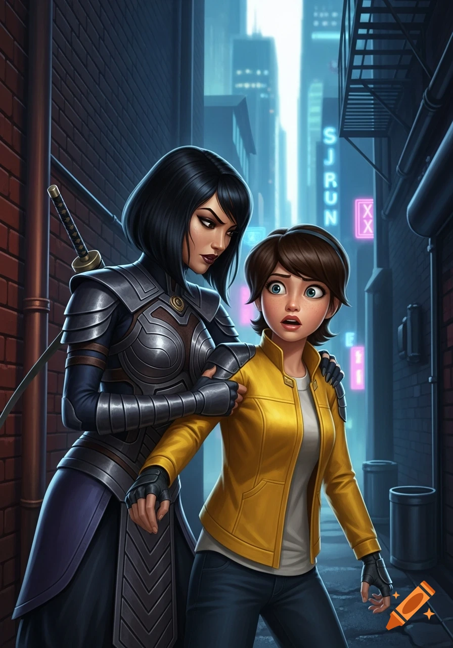 A dark-haired woman in armored samurai-like gear holds the arm of a scared brown-haired woman in a yellow jacket, in a neon-lit city alley.