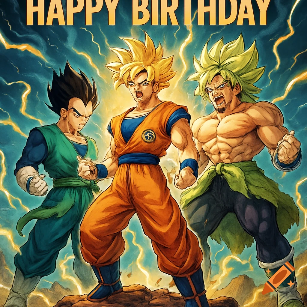 Dragon Ball characters Vegeta, Goku, and Broly in action poses with 'HAPPY BIRTHDAY' text above, against a lightning-filled sky in anime style.