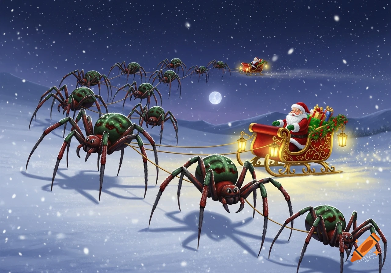 Santa Claus in his sleigh, pulled by a team of large green and red spiders across a snowy night landscape.
