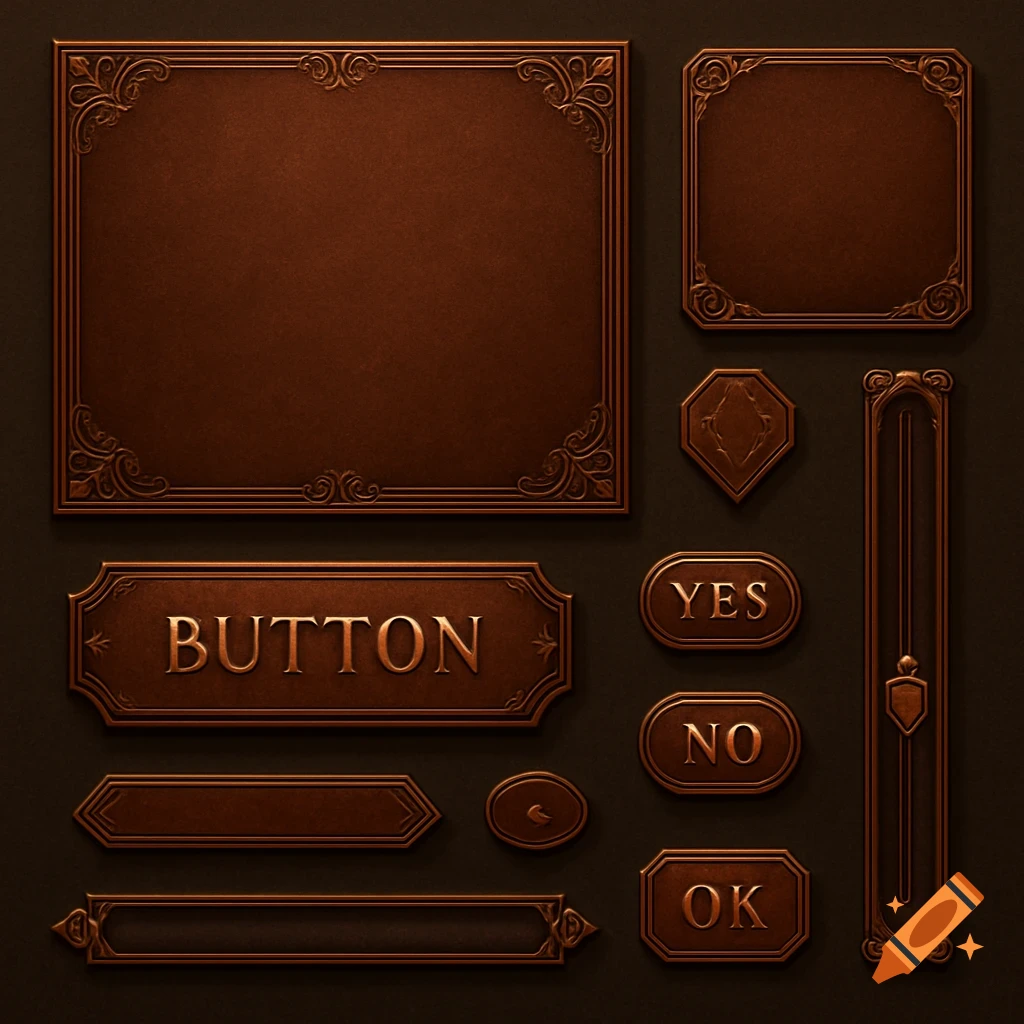 Vintage reddish-brown 2D RPG UI elements, featuring ornate panels, 'BUTTON', 'YES', 'NO', 'OK' buttons, and a scrollbar.