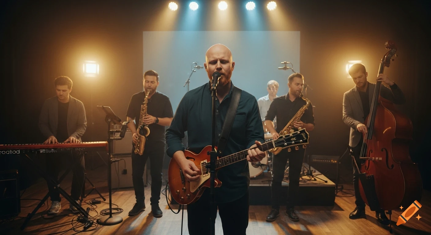 A live band performs on a stage bathed in warm golden and blue spotlights, featuring a bald guitarist singing center, a saxophonist, keyboardist, drummer, and a double bass player.