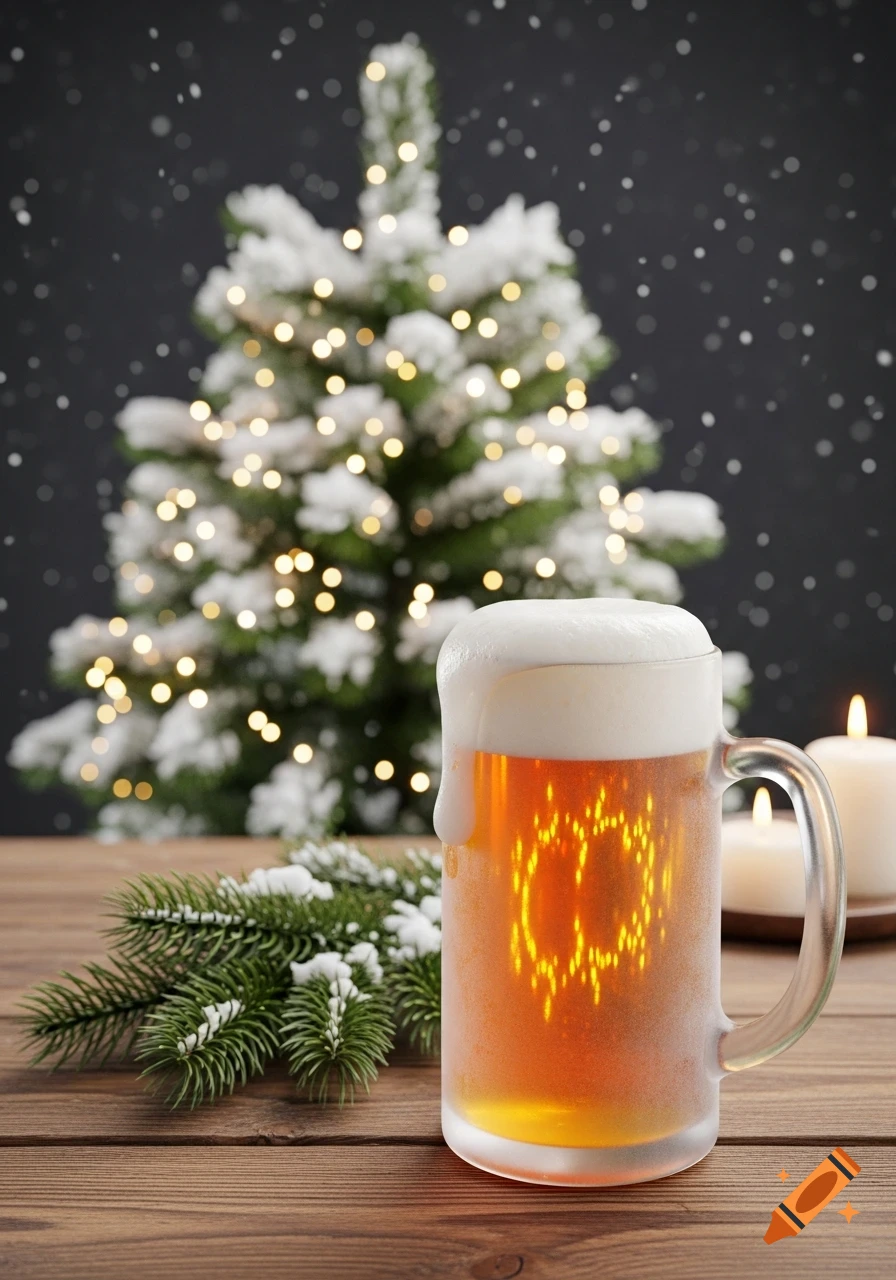 A frosty mug of beer with foam sits on a wooden table, next to a snowy evergreen branch. In the blurry background, a lit Christmas tree and candles are visible as snow falls.