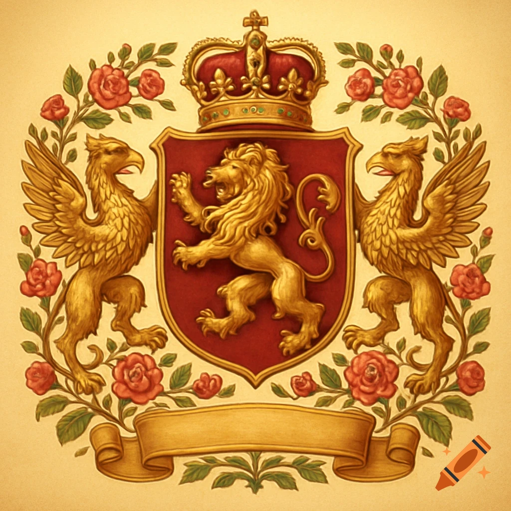 Ornate golden coat of arms with a lion, two griffins, a crown, rose wreaths, and an empty banner.