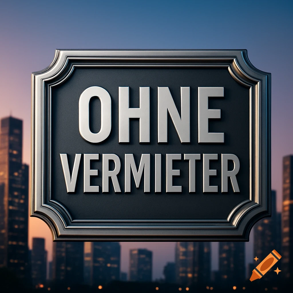 A metallic, framed sign with the words "OHNE VERMIETER" in bold, silver letters, set against a blurred city skyline at dusk.