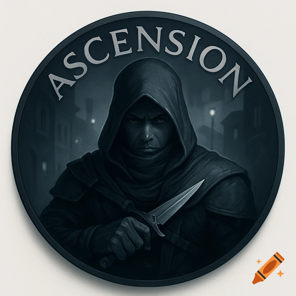 Circular icon of a dark-hooded assassin holding a dagger, with 'ASCENSION' text, digital painting.
