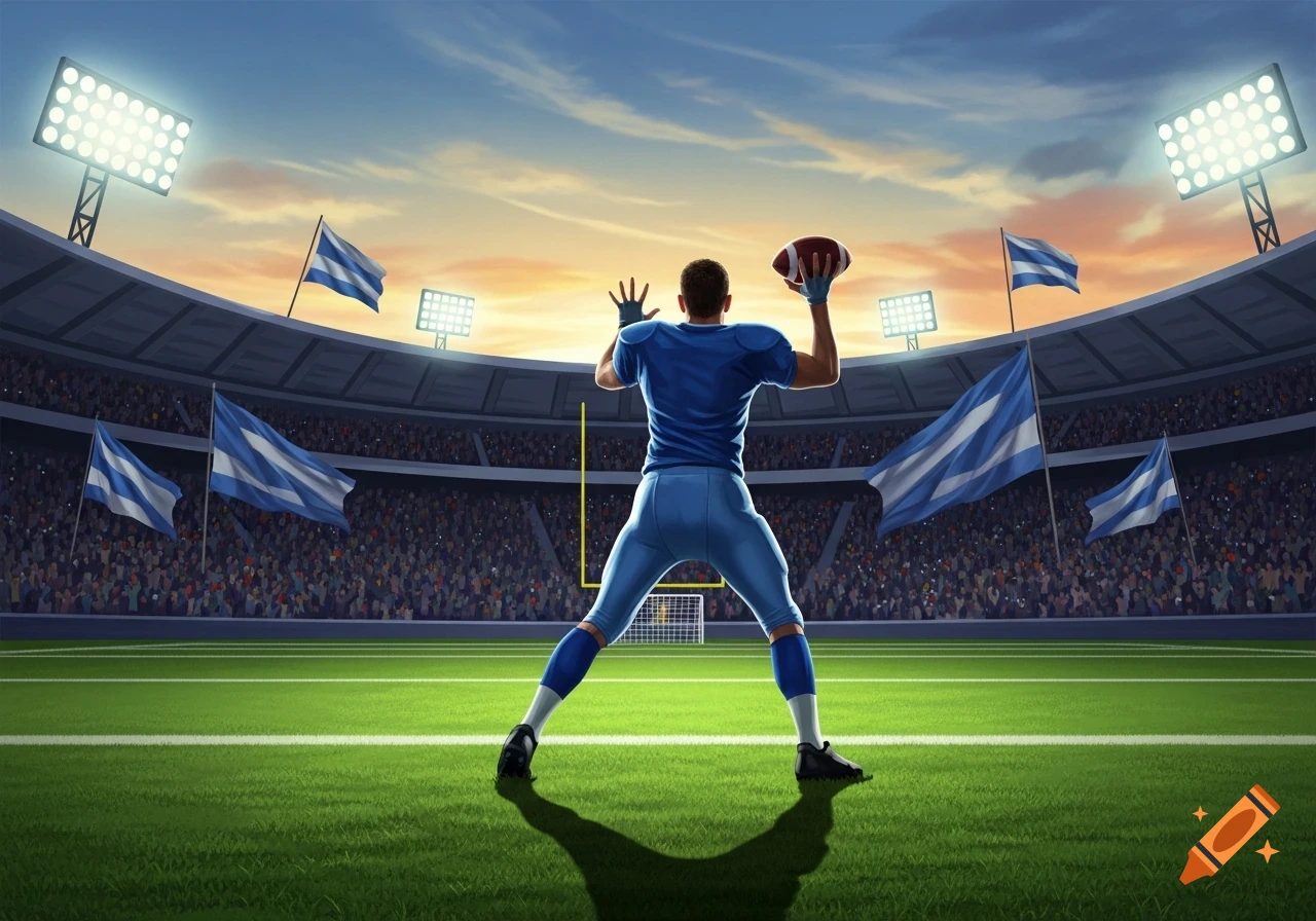 Painted image of a football player in a blue uniform, viewed from behind, about to throw the ball in a stadium.