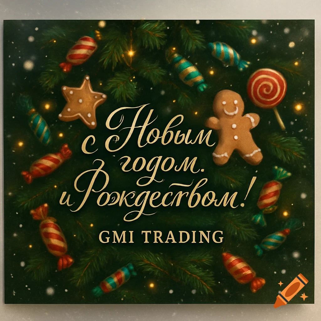 A digital illustration of a New Year and Christmas card with decorated tree branches, candies, cookies, and Russian greetings.