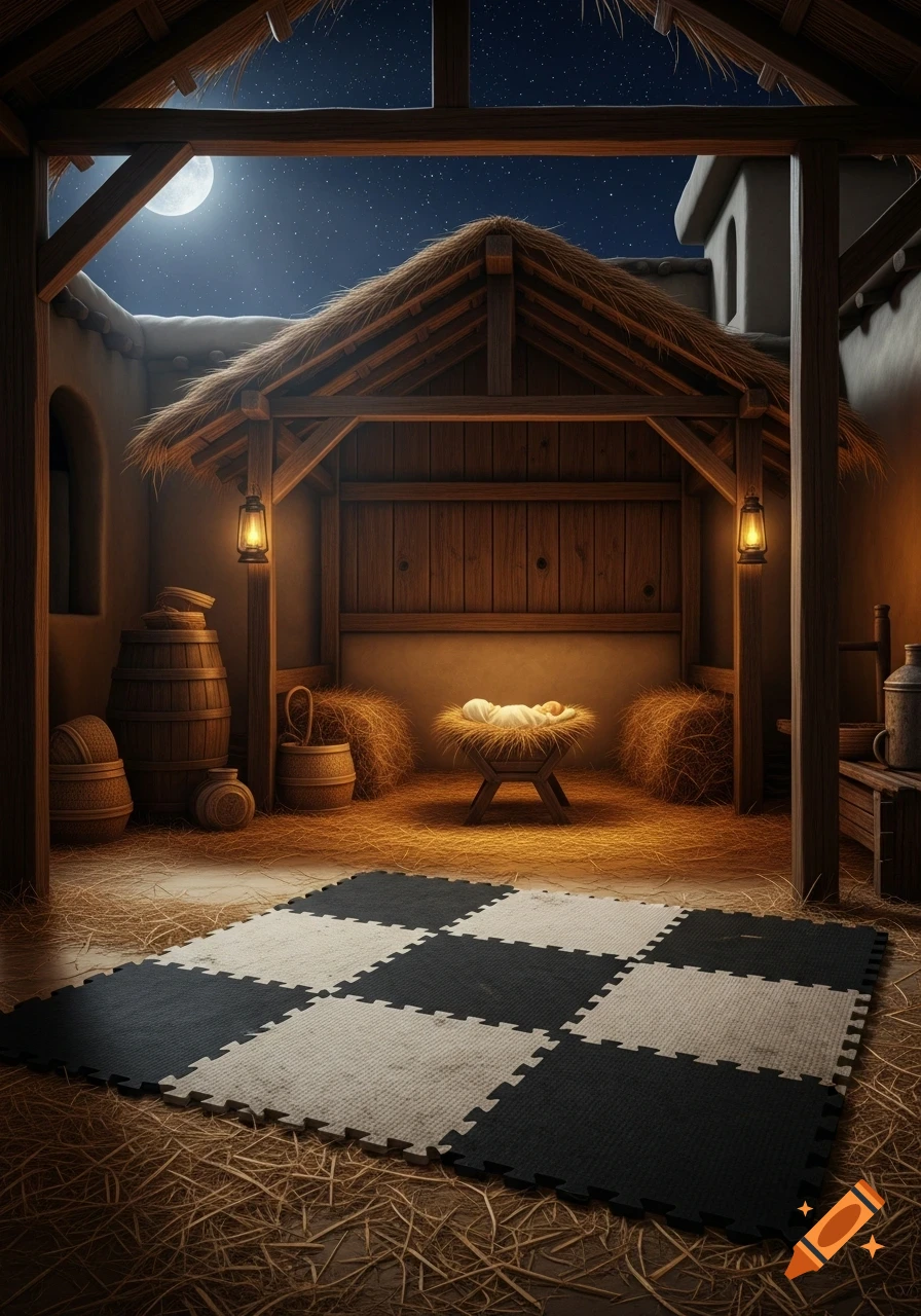 A stylized night scene inside a stable with a baby in a manger, hay bales, wooden barrels, and a black and white checkerboard mat on the floor, under a moonlit sky.