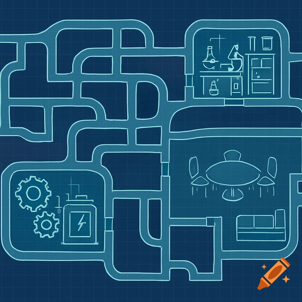 Blueprint floor plan of a science fiction base with corridors, a laboratory, a common room, and machinery.