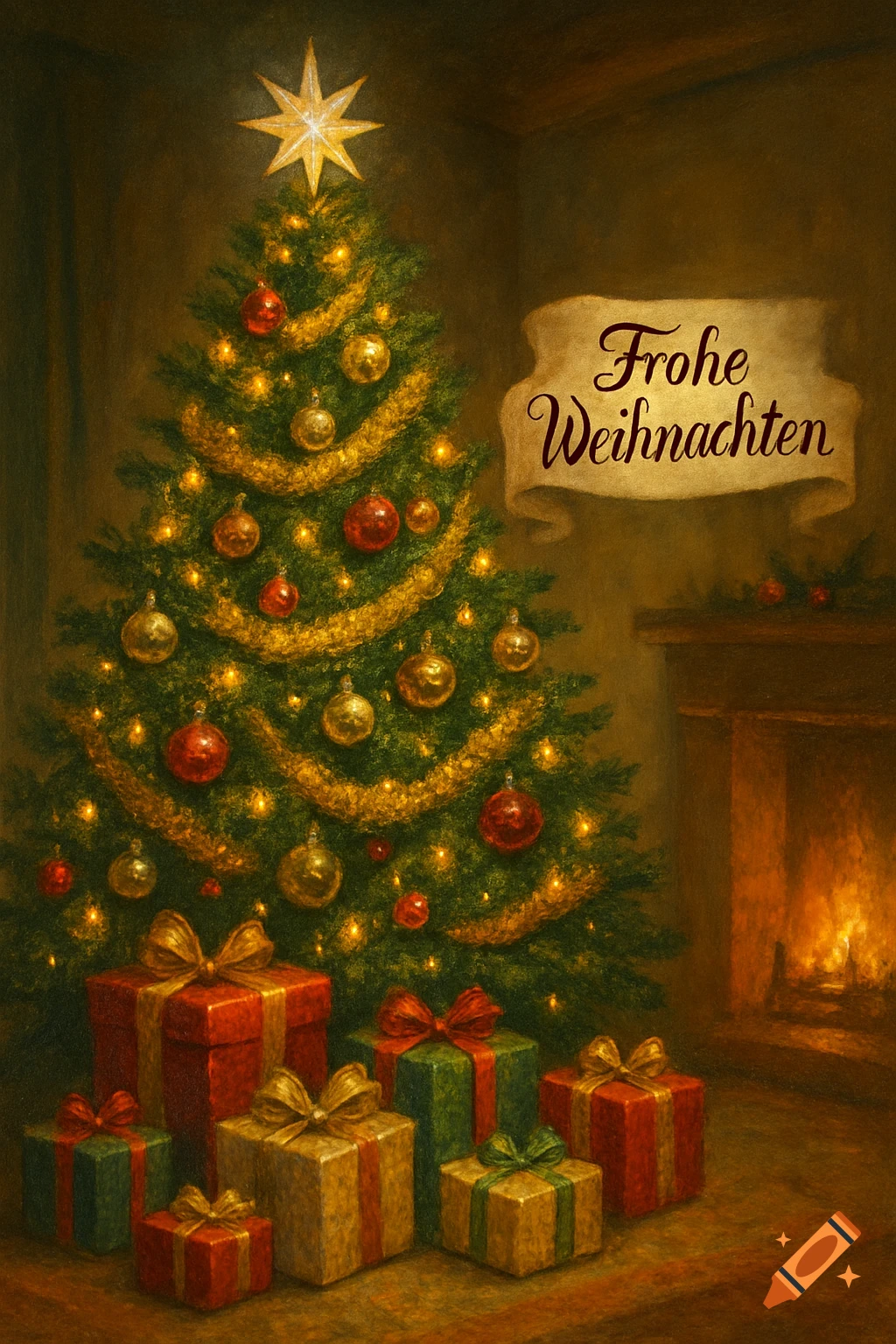 A painterly Christmas scene featuring a decorated tree, glowing lights, wrapped presents, and a fireplace, with 'Frohe Weihnachten' text.