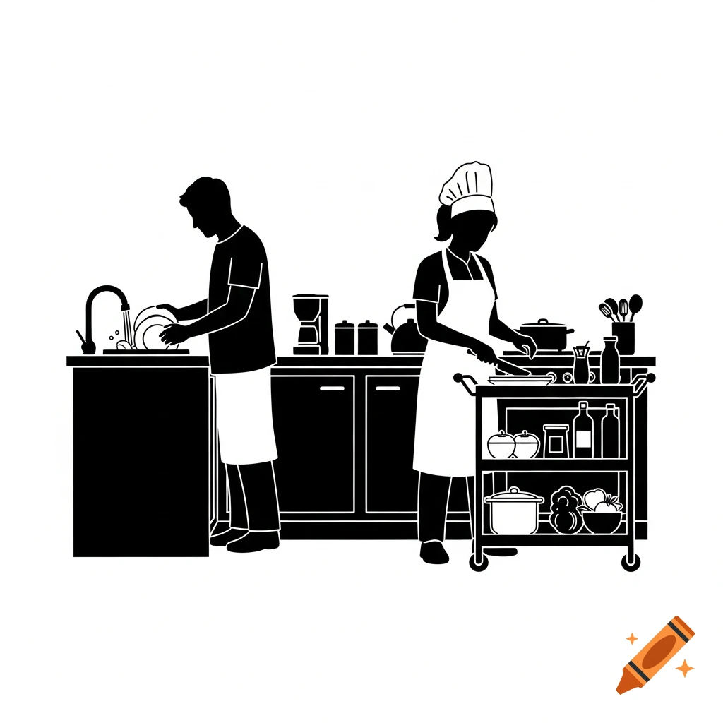 A man washes dishes at a sink while a woman cooks at a stove with a trolley of ingredients, in a black silhouette illustration.