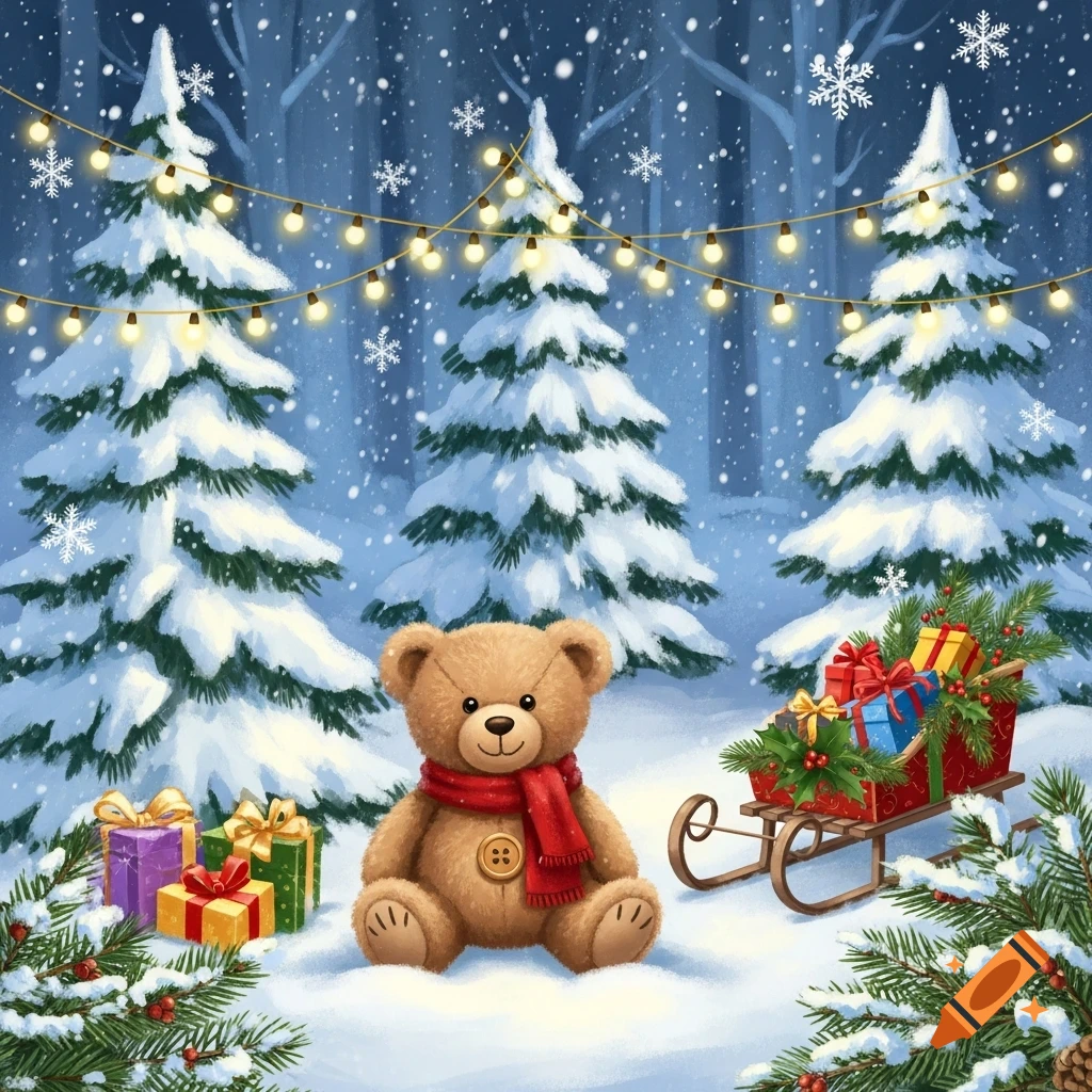 A cute teddy bear wearing a red scarf sits in a snowy Christmas forest with decorated trees, falling snow, gifts, and a sleigh.