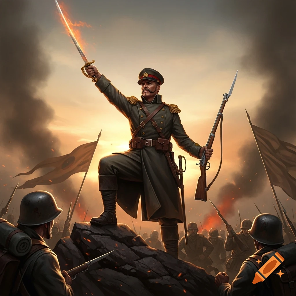A military leader stands on a rock, raising a fiery sword and holding a rifle, urging on his soldiers at sunset on a smoky battlefield.