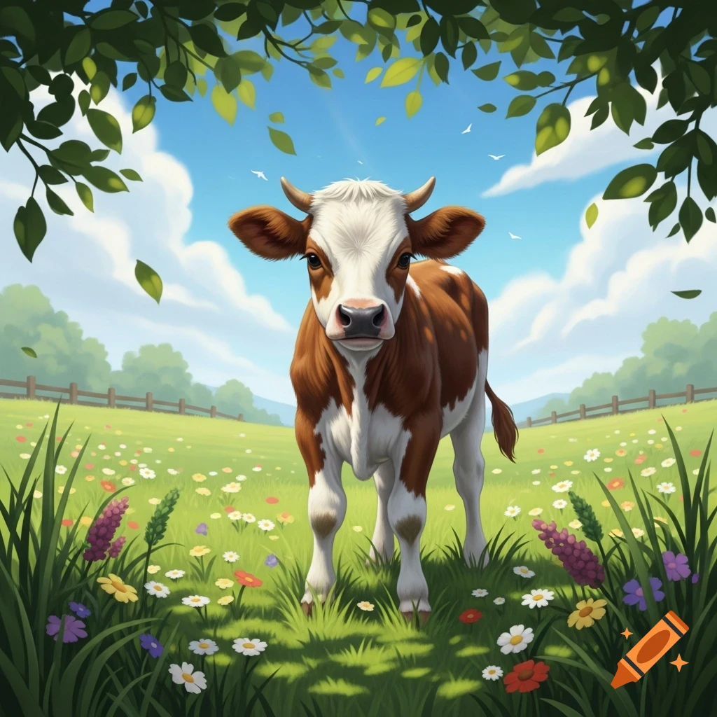 A brown and white baby cow with small horns stands in a sunny green field filled with colorful flowers under a blue sky, framed by green leaves.