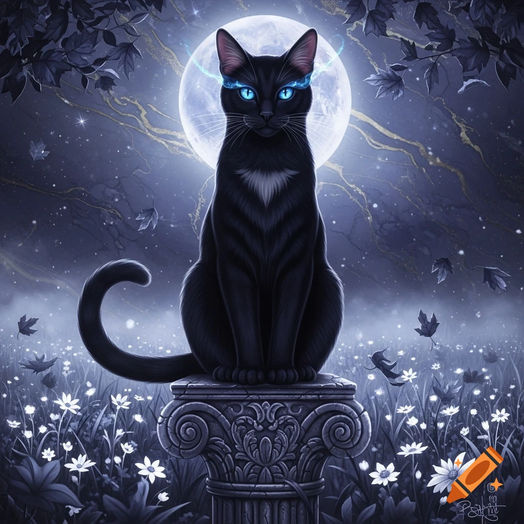 A black cat with glowing blue eyes sits majestically on a stone pillar in a moonlit field of white flowers under a dark sky.