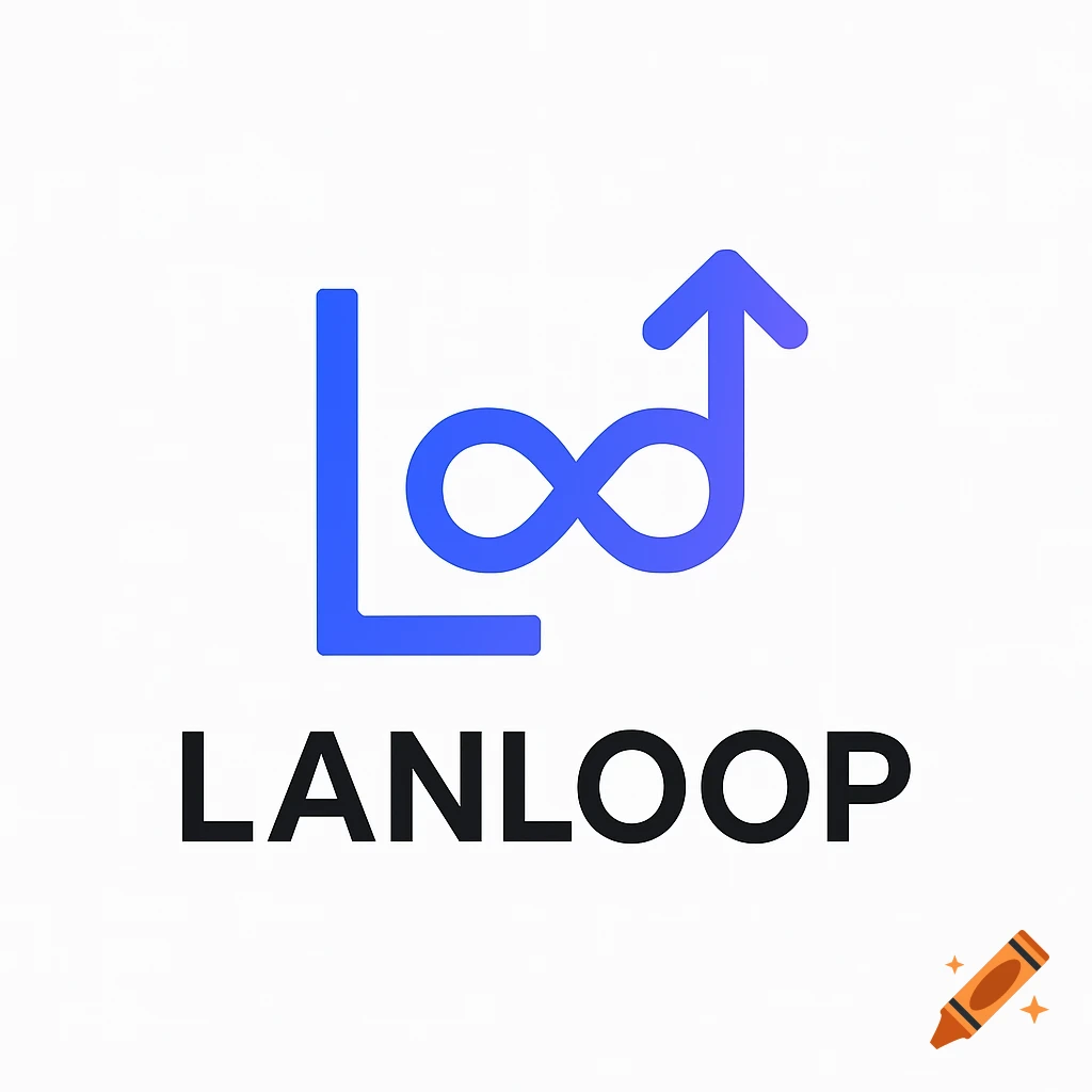Minimalist blue 'L' symbol with an infinity loop and upward arrow, above the black text 'LANLOOP' on a white background, vector style.