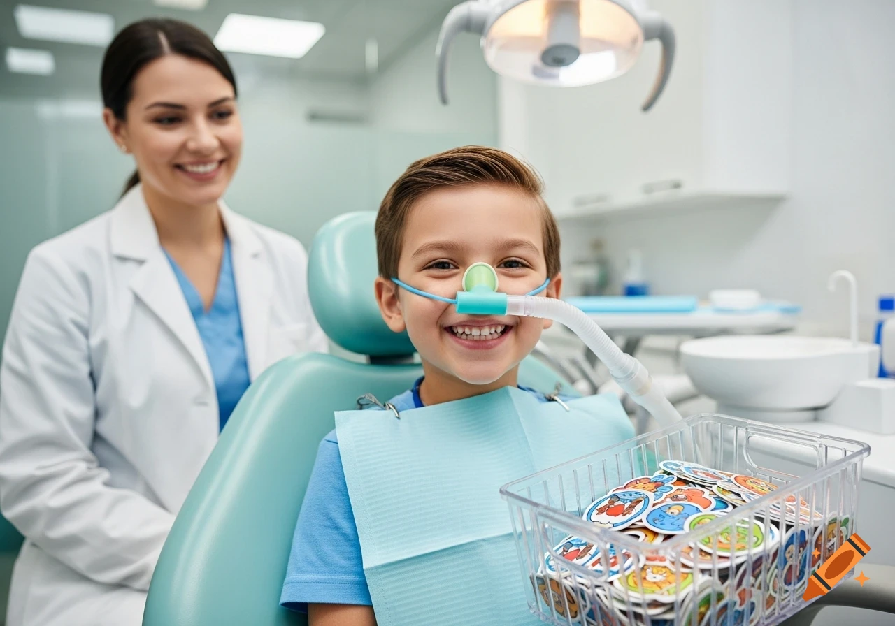 A happy young boy in a dental chair, wearing a nosepiece for sedation, smiles at the camera while a female dentist smiles in the background. A basket of colorful stickers sits beside the boy.