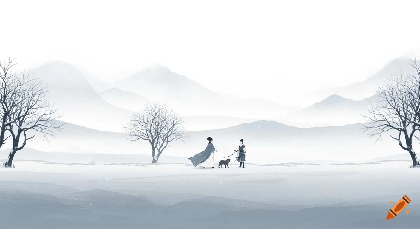 Serene Chinese ink painting of two stylized figures and a dog in a snowy winter landscape with bare trees and misty mountains.