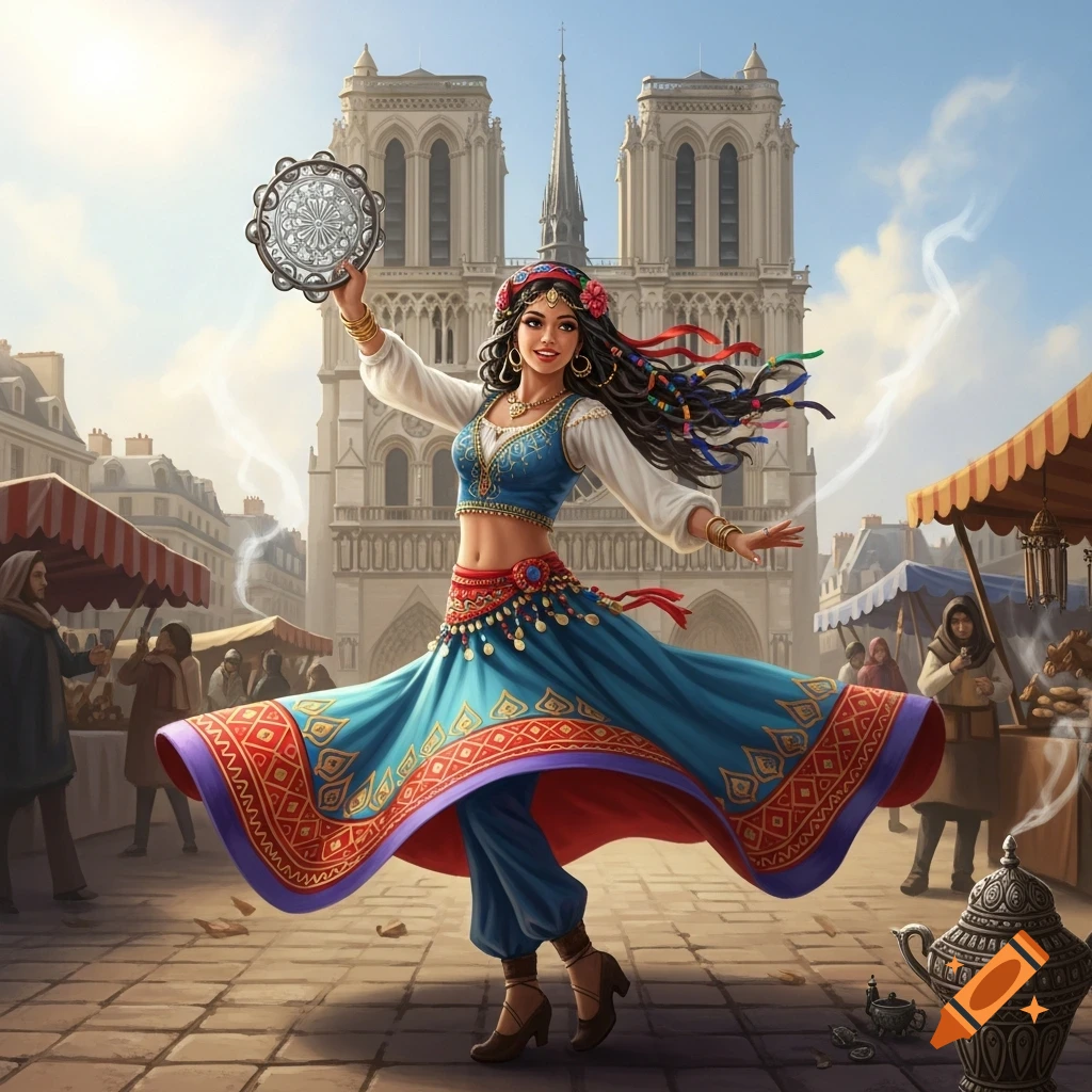 A gypsy woman in colorful traditional attire dances with a tambourine in a bustling market square with Notre Dame Cathedral in the background.
