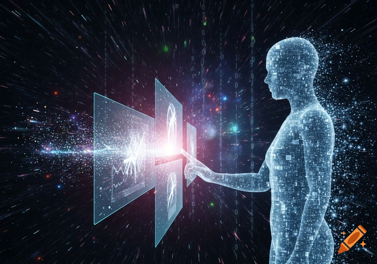 Digital humanoid figure interacts with glowing holographic screens in a dark, star-filled, data-rich space.