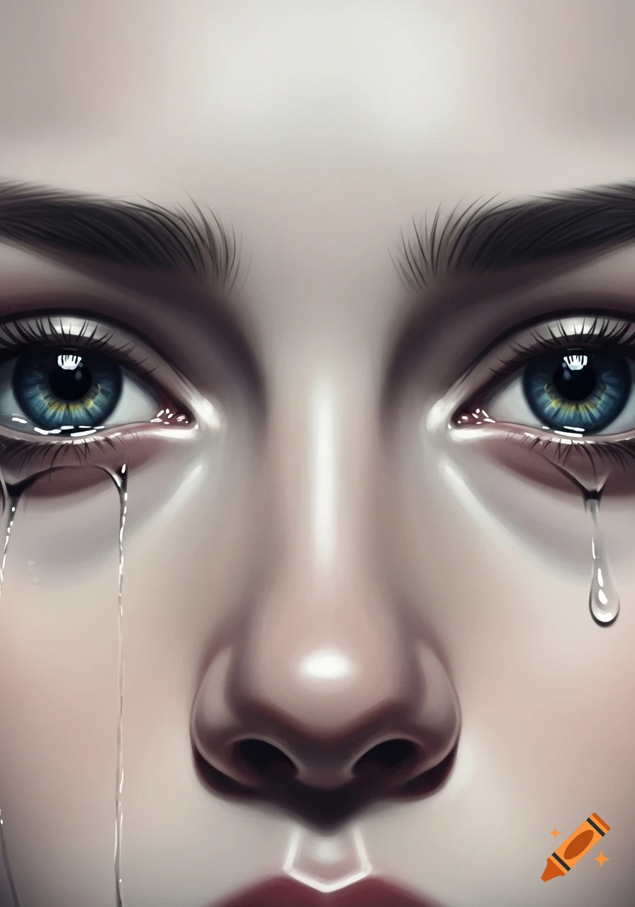 Close-up of a person's blue eyes with tears streaming down the face in a digital painting style.