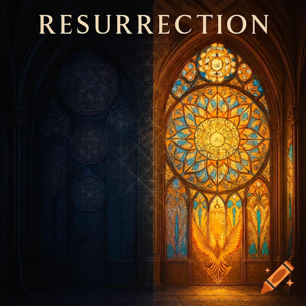 A gothic cathedral with a large, vibrant stained glass window depicting a phoenix, split between dark and illuminated halves, with the word 'RESURRECTION' at the top.