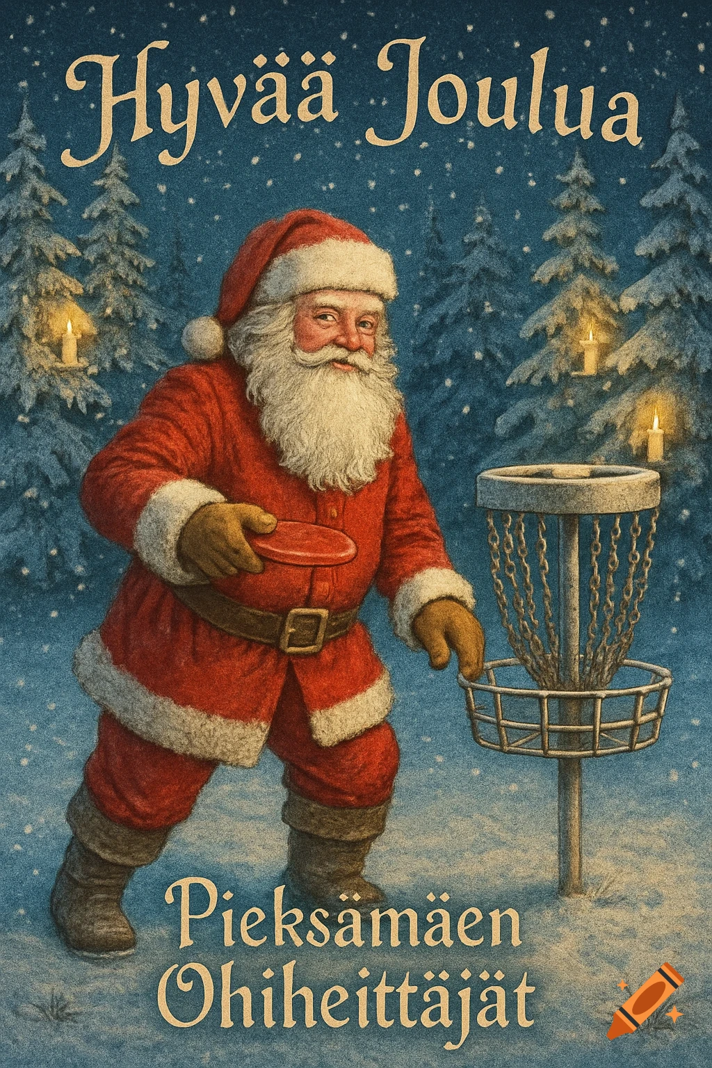 Vintage illustration of Santa playing disc golf in a snowy forest, with Finnish Christmas text.
