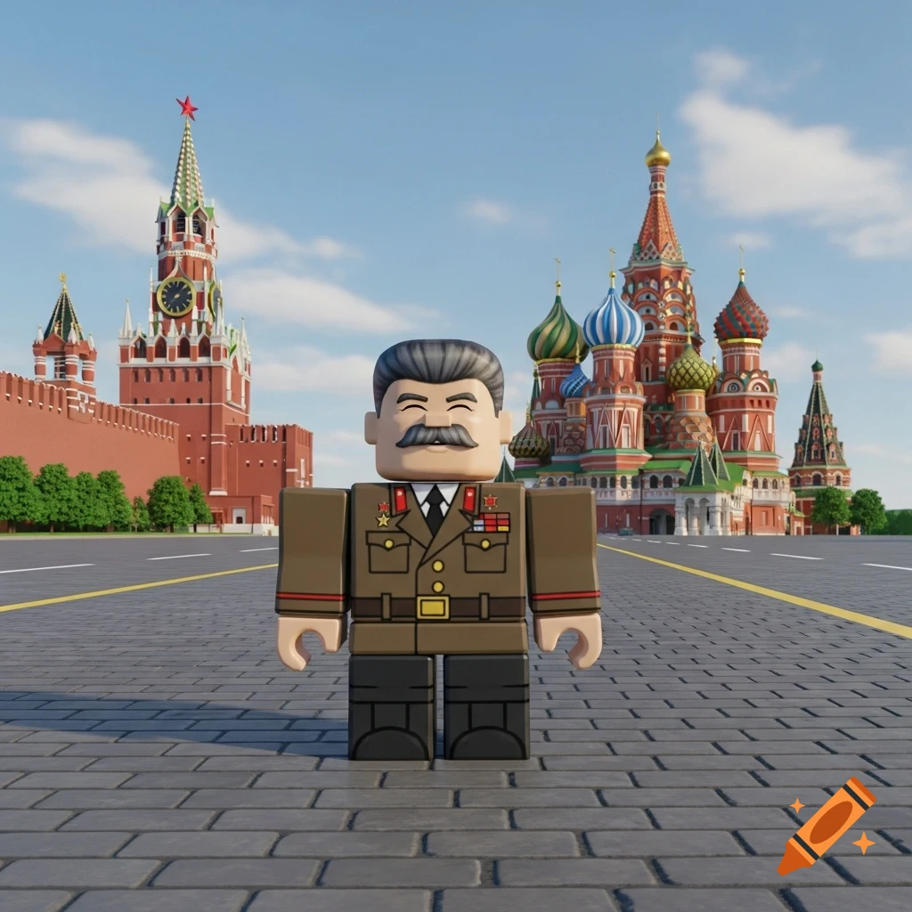 A Roblox-style character of Joseph Stalin stands on a cobblestone road with the red Kremlin wall and St. Basil's Cathedral in the background.
