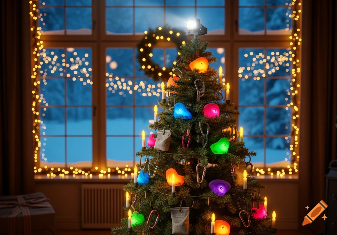 Photorealistic Christmas tree adorned with climbing gear as ornaments, set against a window with snowy views and string lights.