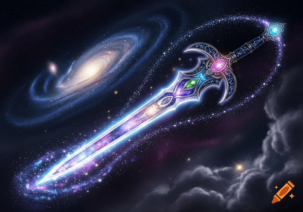 An ornate, glowing cosmic sword with a starry blade and gemstone hilt floats in front of a spiral galaxy in deep space.