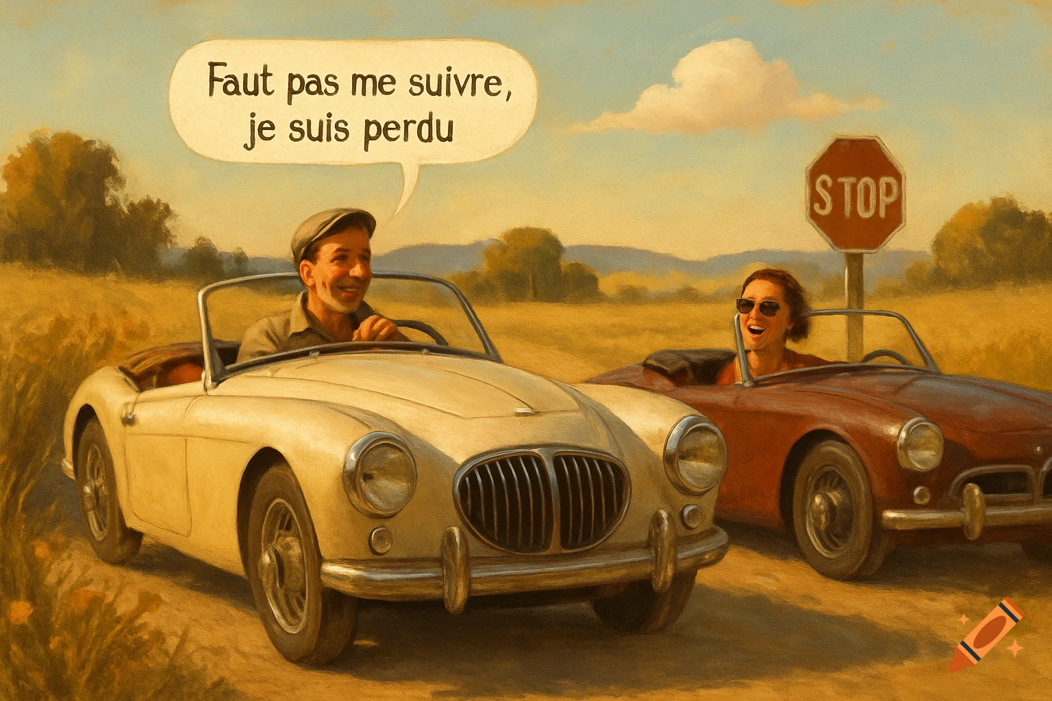 Painting of two people in vintage convertibles on a dirt road, one saying 'Don't follow me, I'm lost' near a stop sign.
