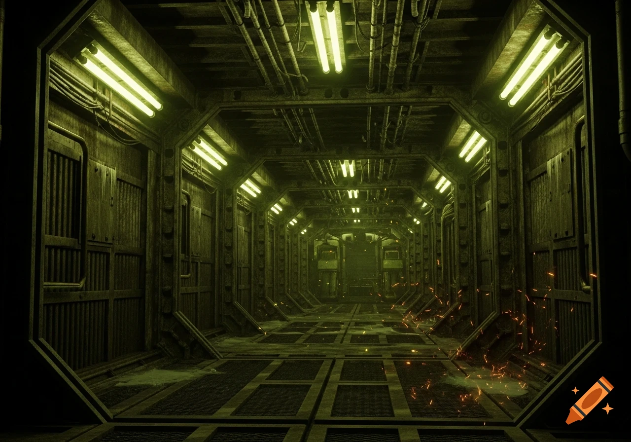 Dark, eerie industrial corridor with green fluorescent lights, rusty walls, and sparks on the grimy floor.