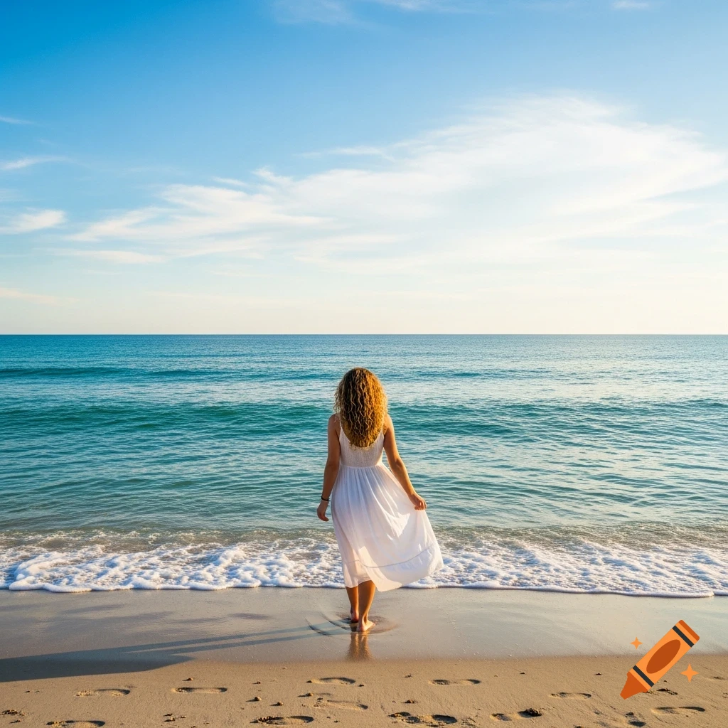 A woman with curly hair in a white dress stands on a sandy beach, looking out at the calm blue ocean under a clear sky.