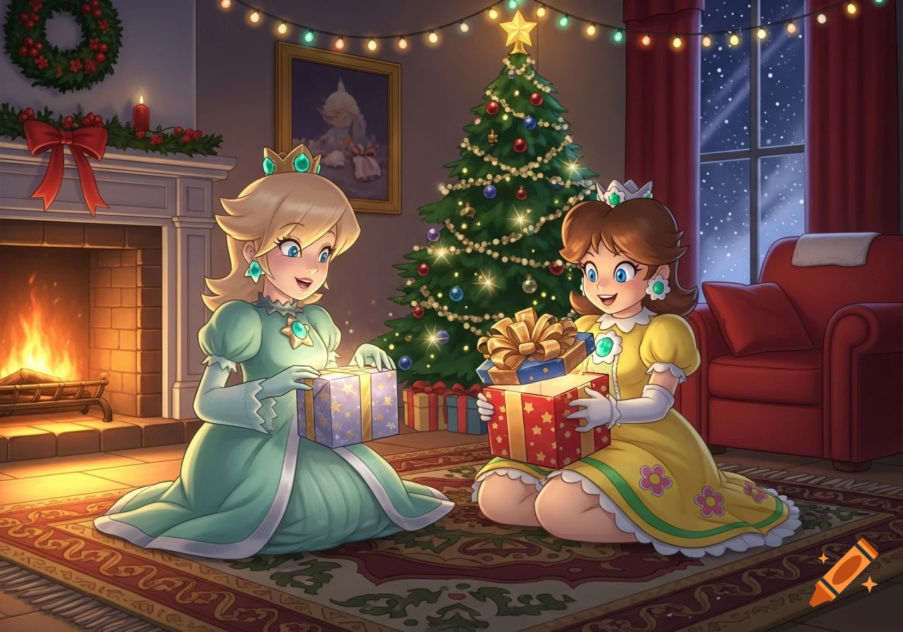 Rosalina and Princess Daisy opening Christmas presents by a fireplace and a decorated tree in a cartoon style.