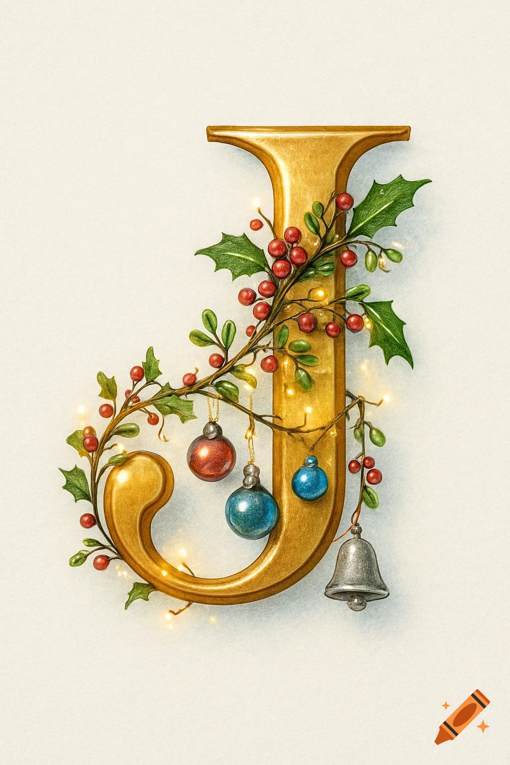 Golden capital letter J decorated with holly, red berries, Christmas lights, colorful ornaments, and a silver bell on a cream background.