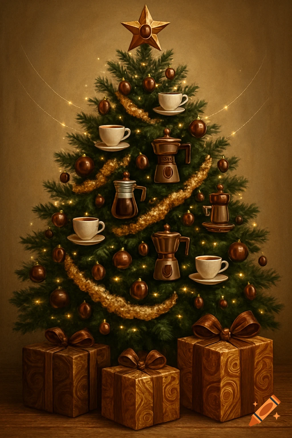 A festive Christmas tree decorated with coffee cups, Moka pots, brown ornaments, golden garland, and a star topper, with wrapped gifts below.