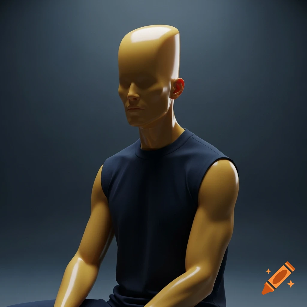 Hyperrealistic yellow-skinned mannequin with an elongated head in a dark blue sleeveless shirt, seated against a dark background.