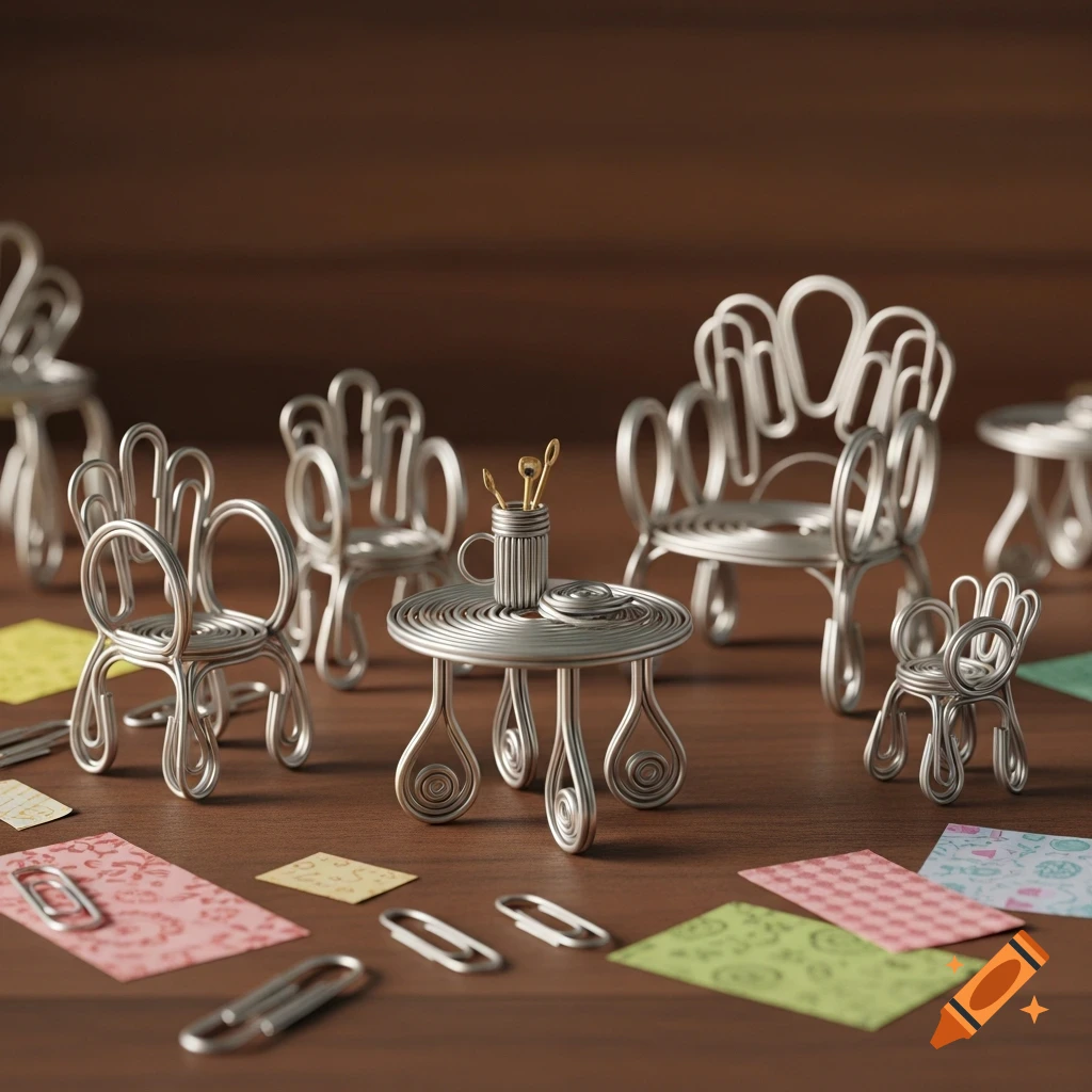 Miniature wire furniture, including chairs and a table with tiny utensils, arranged on a wooden surface with colorful paper squares and paperclips.