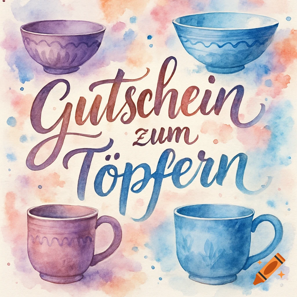 Watercolor illustration of a 'Gutschein zum Töpfern' (voucher for pottery) with purple and blue bowls and cups on a colorful background.