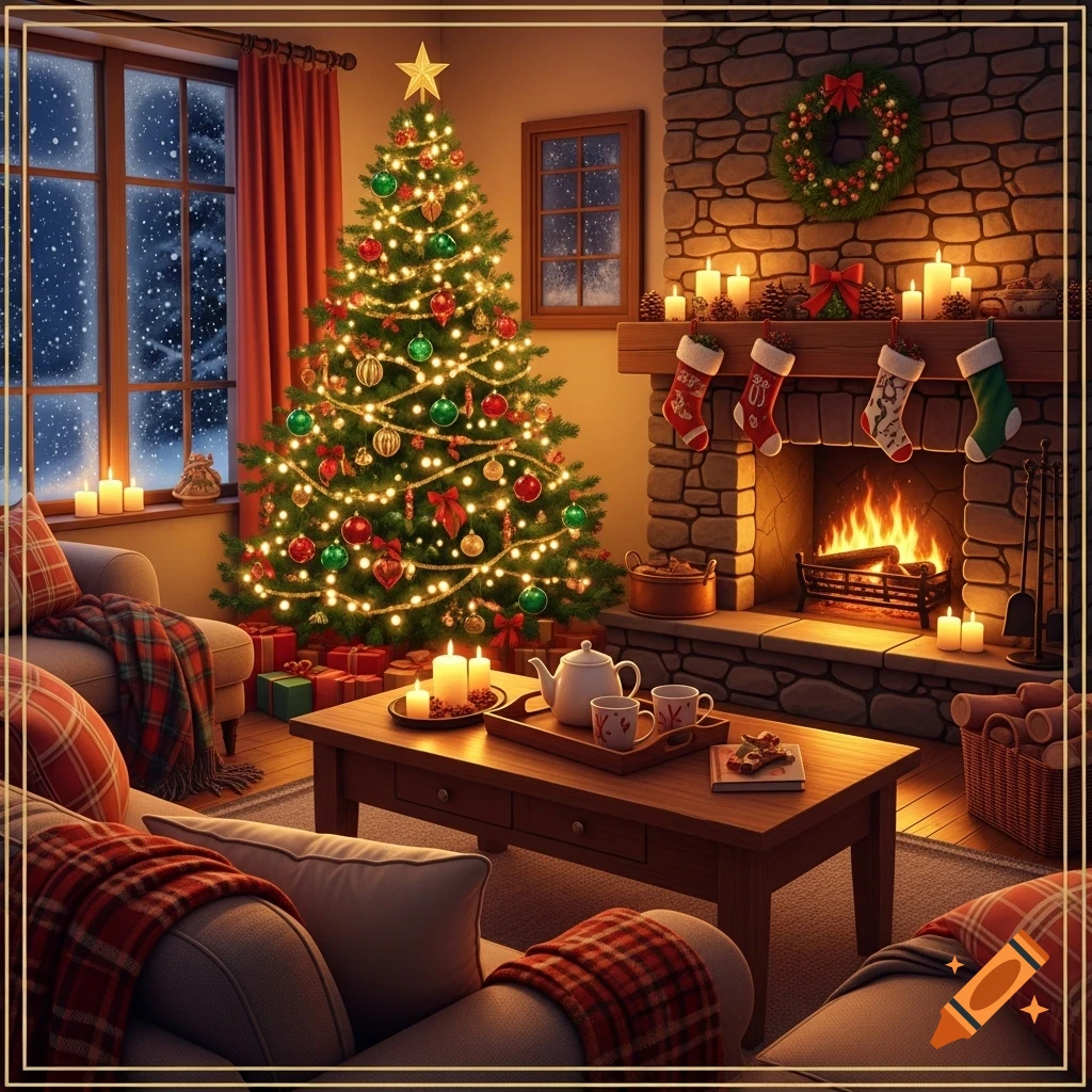 A warm Christmas living room at night, with a brightly lit tree, a roaring fireplace, and snow falling outside a large window.