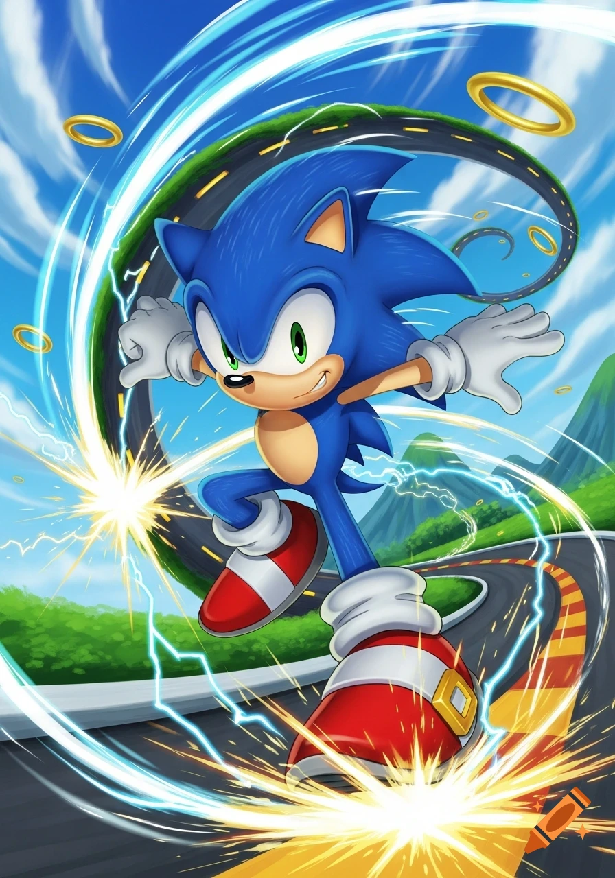 Blue hedgehog Sonic speeds on a winding race track, surrounded by golden rings and electric sparks, under a blue sky.