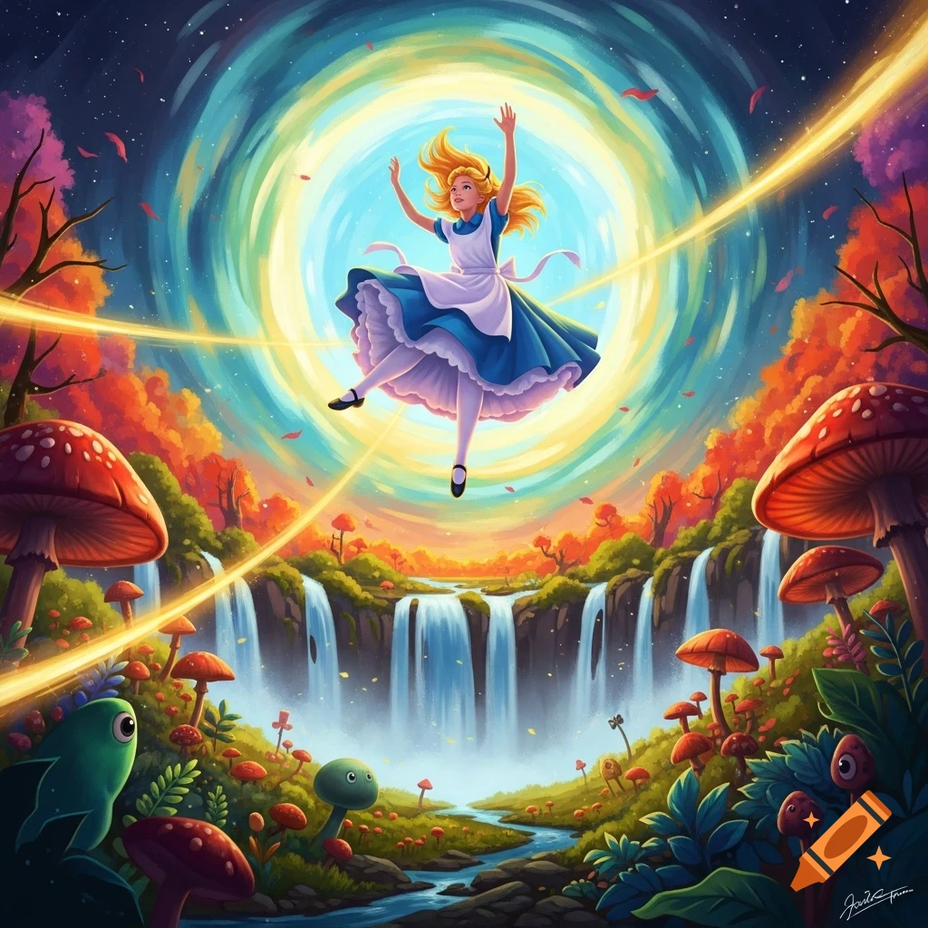 Alice floats joyfully in a glowing portal above vibrant waterfalls, giant mushrooms, and a colorful fantasy landscape.