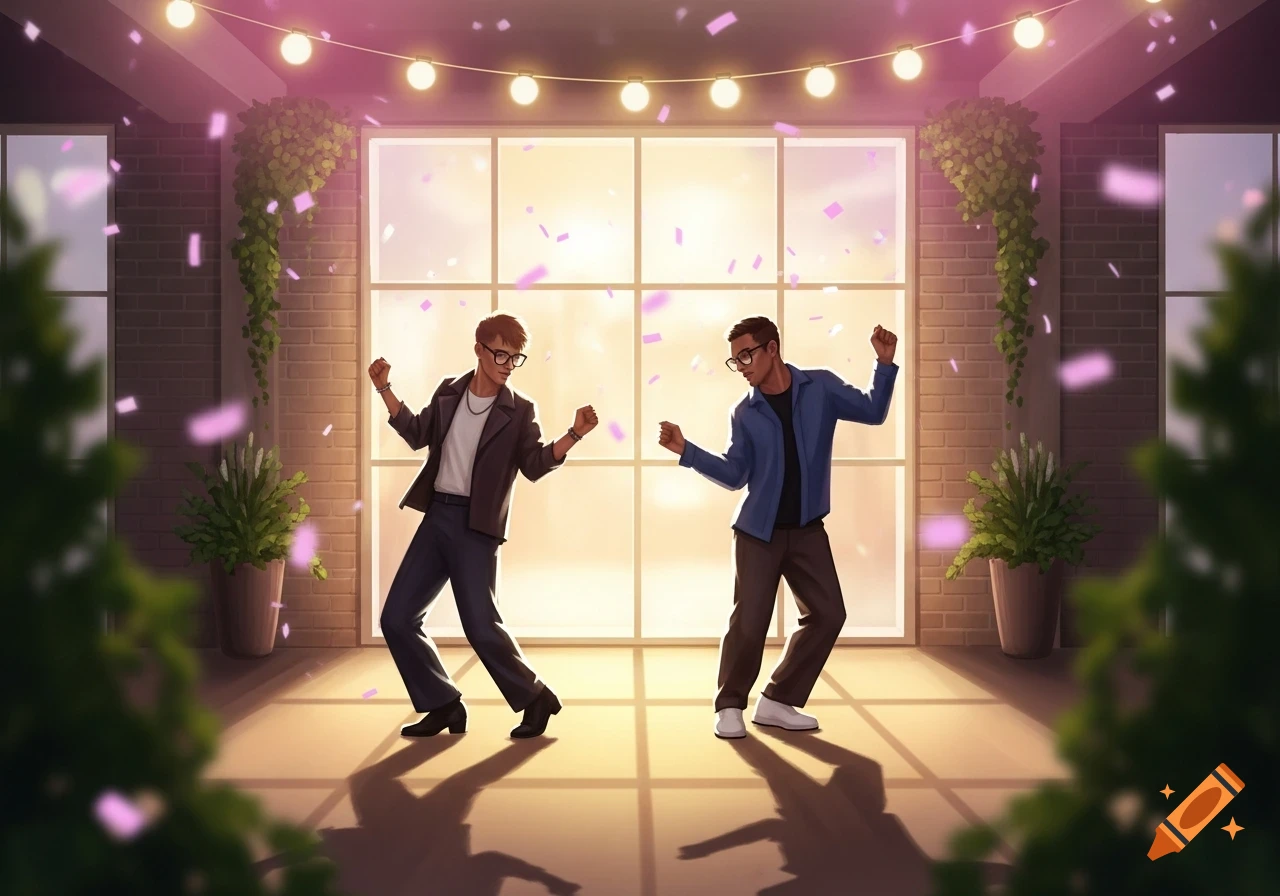Two men in an illustration dance happily with confetti and string lights in an indoor setting.